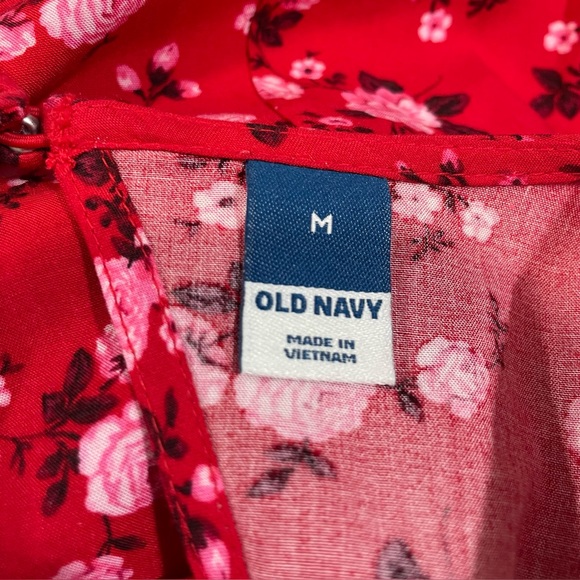Old Navy Cut Out Back Floral Summer Red Puff Sleeves Crew Neck Midi Dress Size M - Picture 10 of 10